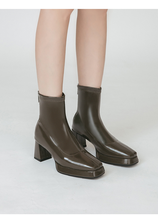 Plain Square Toe Platform High-Heel Slimming Boots Olive Green