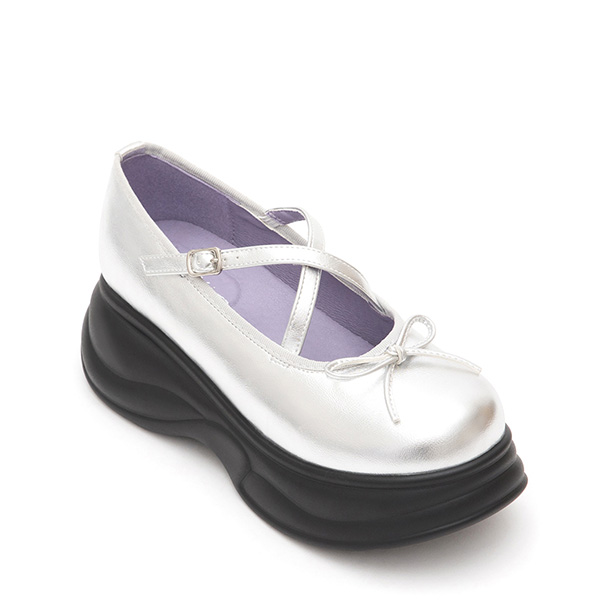 Thick-Soled Cross-Strap Ballet Shoes Silver