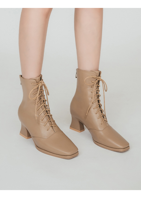 Square Toe Curved Heel Lace-Up Boots Beige