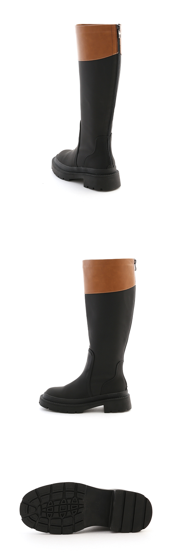 Dual Material Military-Style Under-The-Knee Boots Brown