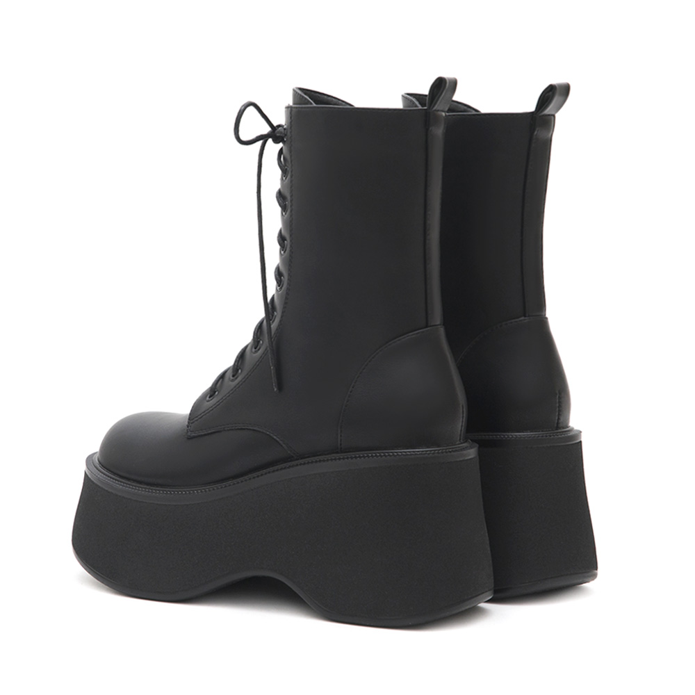 K-pop Girl Thick-Sole Lace-Up Ankle Boots Black