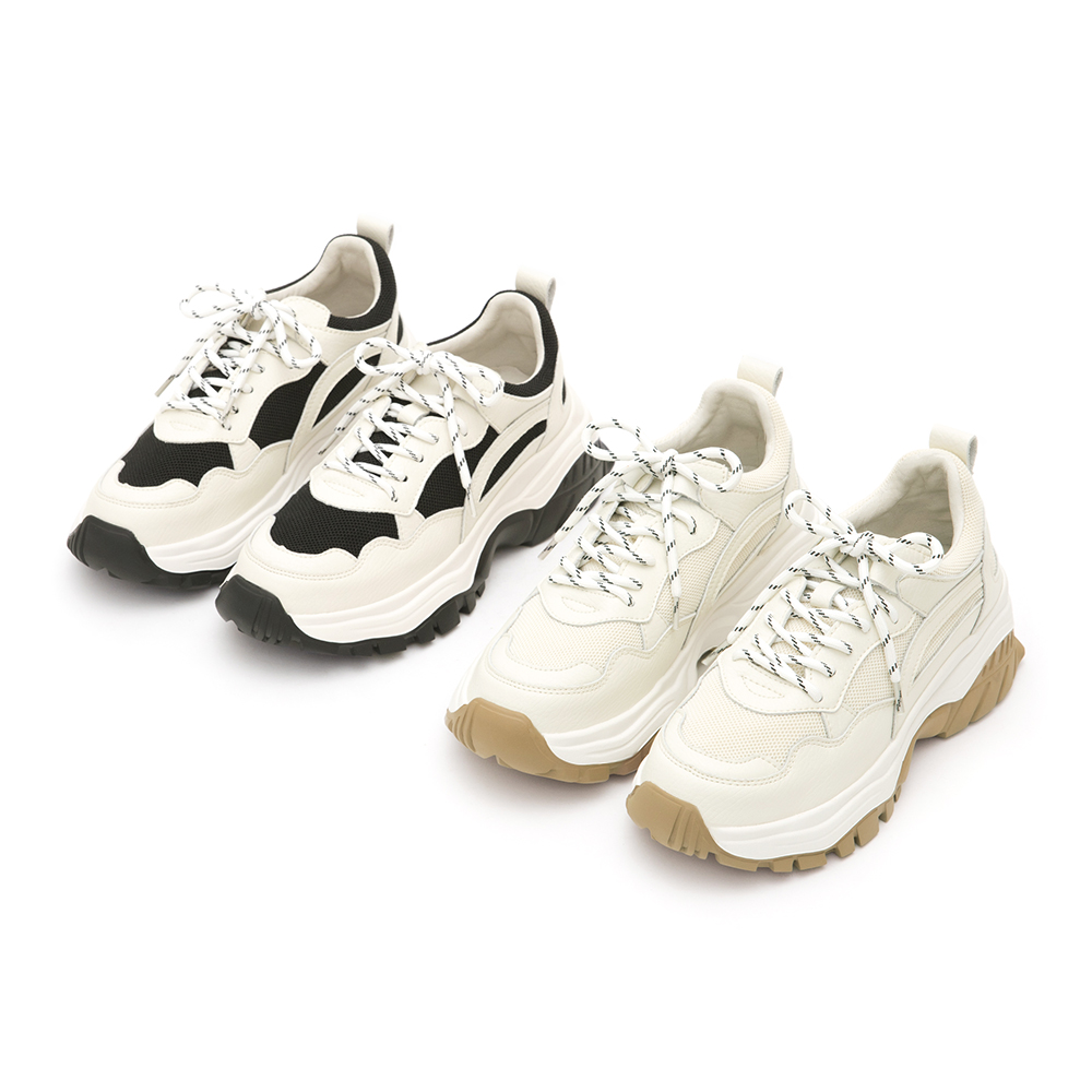 Trendy Genuine Leather Retro Chunky Sneakers Beige