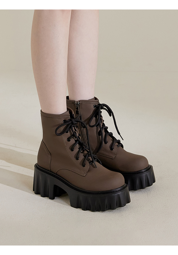 Zig-Zag Chunky Platform Lace-Up Boots Brown