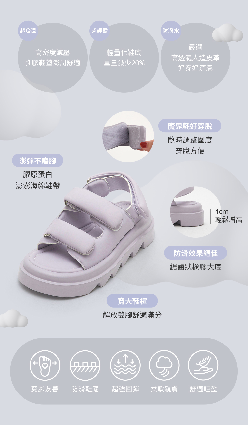 寬帶魔鬼氈空氣海綿啵啵Q軟涼鞋 黑