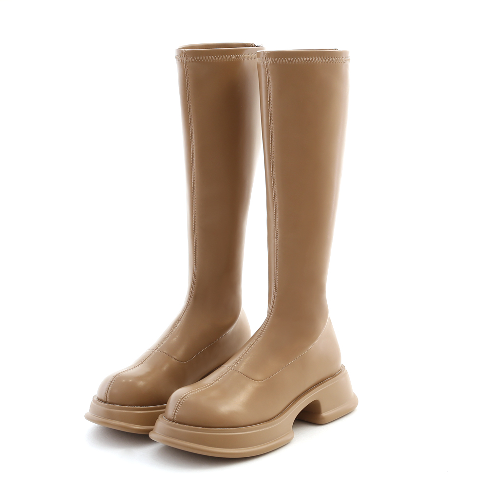 Plain Lightweight Thick Sole Slimming Tall Boots Beige