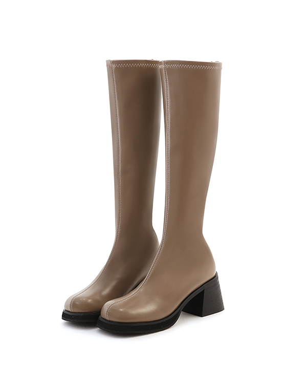 Round Toe Block Heel Slimming Boots Mocha grey