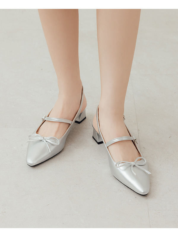 Bow Tie Pointed Toe Slingback Heels Silver