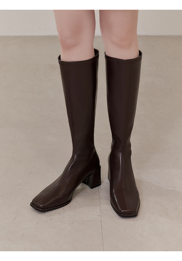 Plain Square Toe High-Heel Slimming Tall Boots Dark Brown