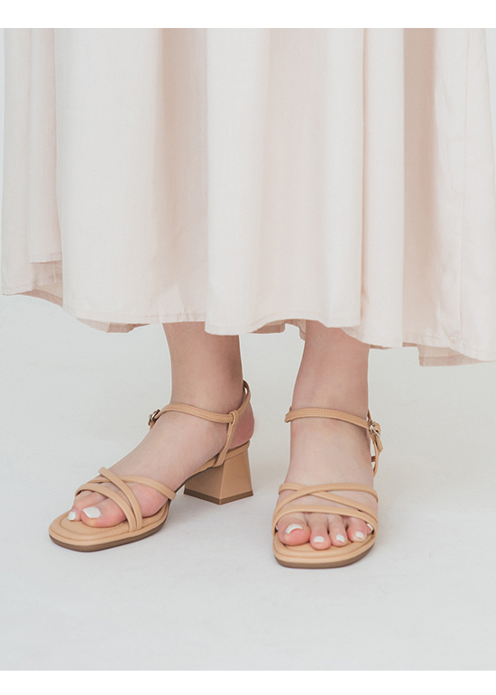 Puffy Cushioned Crossed Thin Strap Mid Heel Sandals Almond