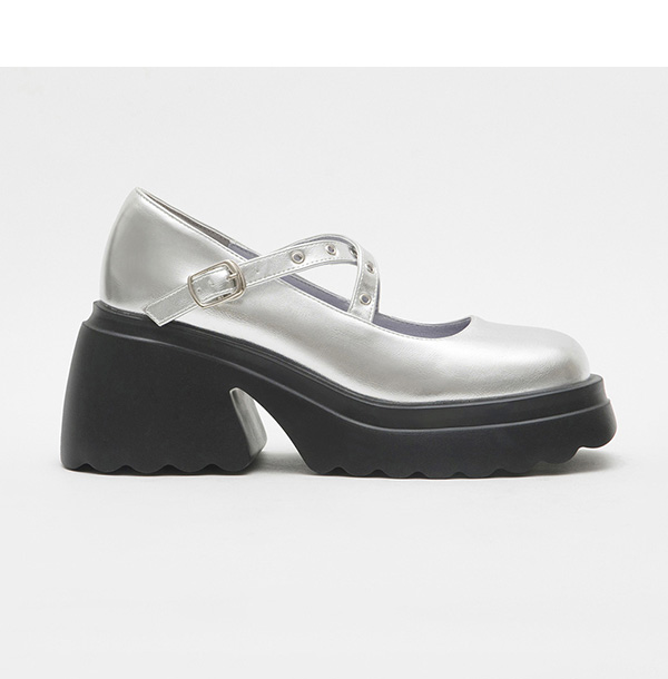 Metallic Cross-Straps Thick Sole Mary Jane Shoes Silver