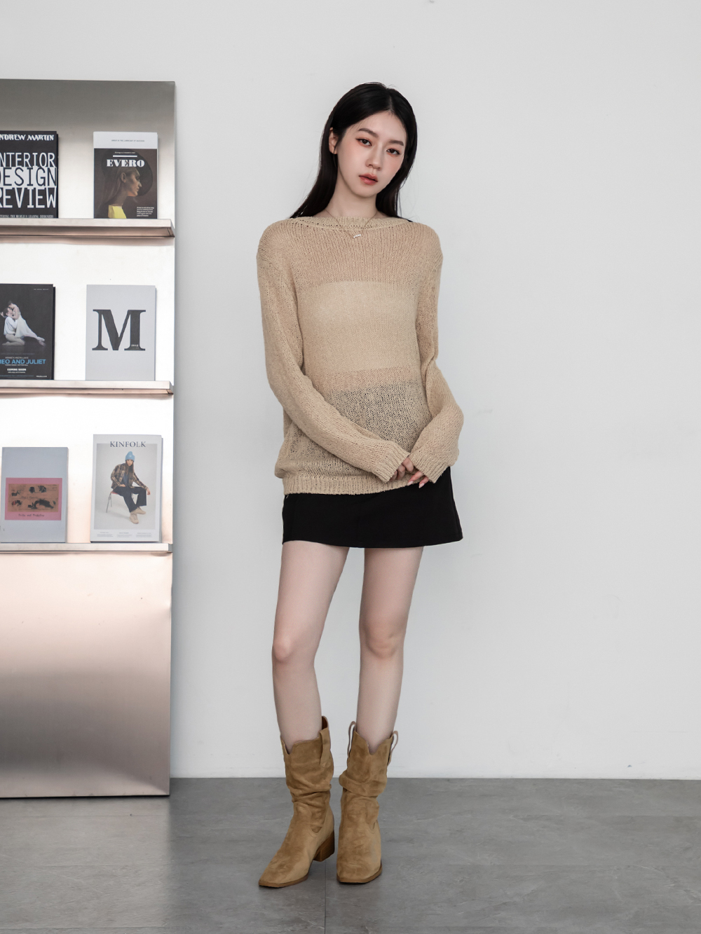 美拉德V口內增高西部堆堆靴 杏色