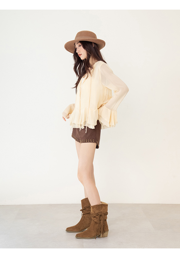 吉普賽流蘇小V口牛仔短靴 棕色