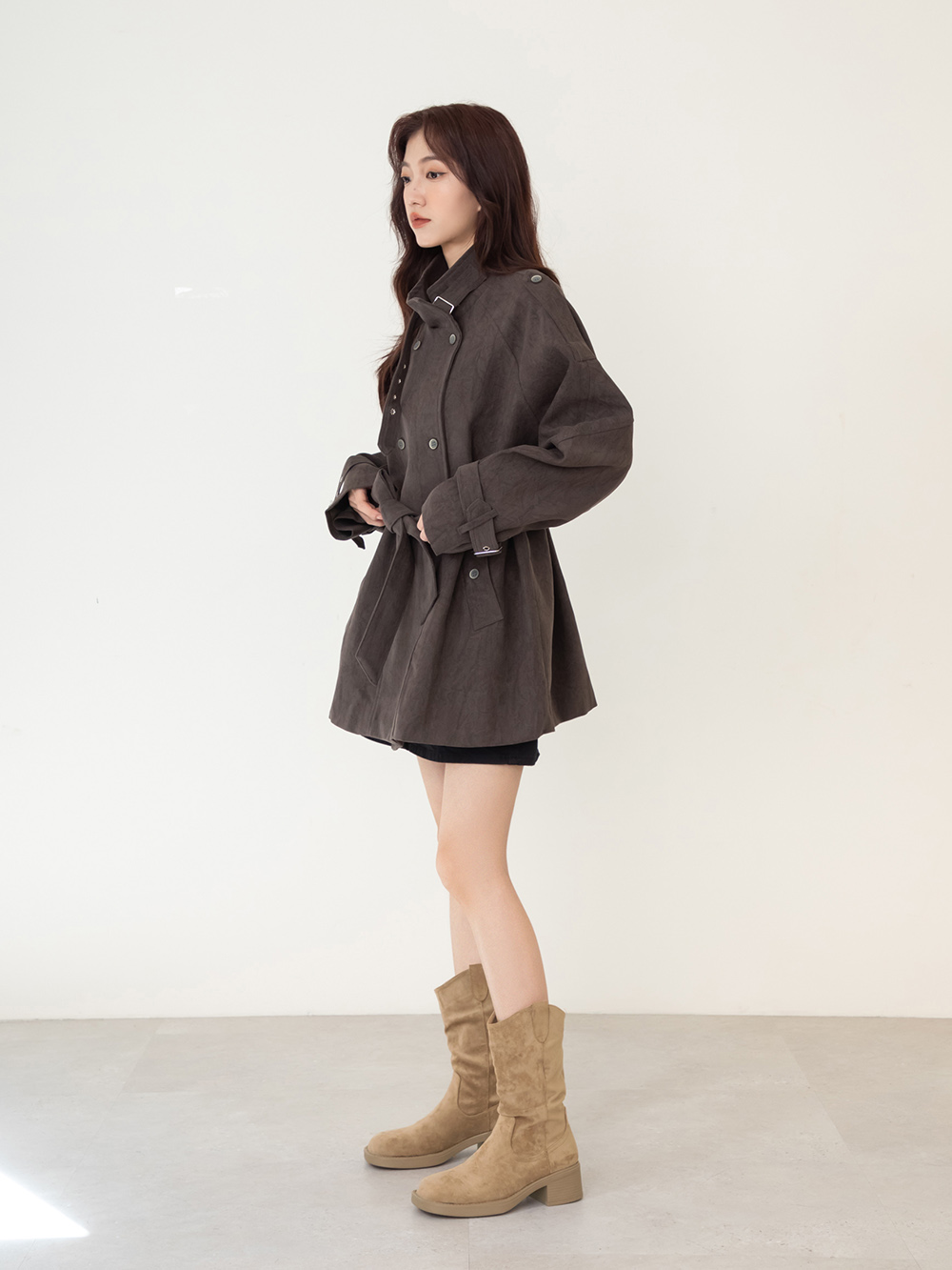 嬉皮小V口抓皺西部堆堆靴 杏色