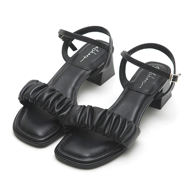 雲朵抓皺泡芙軟墊中跟涼鞋 黑