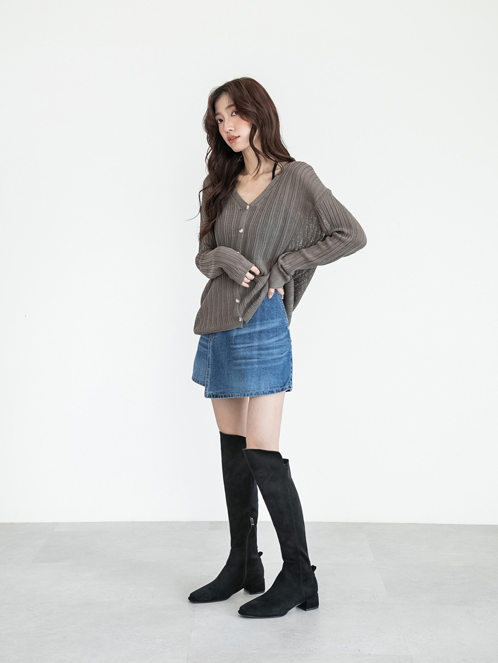 百變主題顯瘦拼接膝上長靴 絨黑色