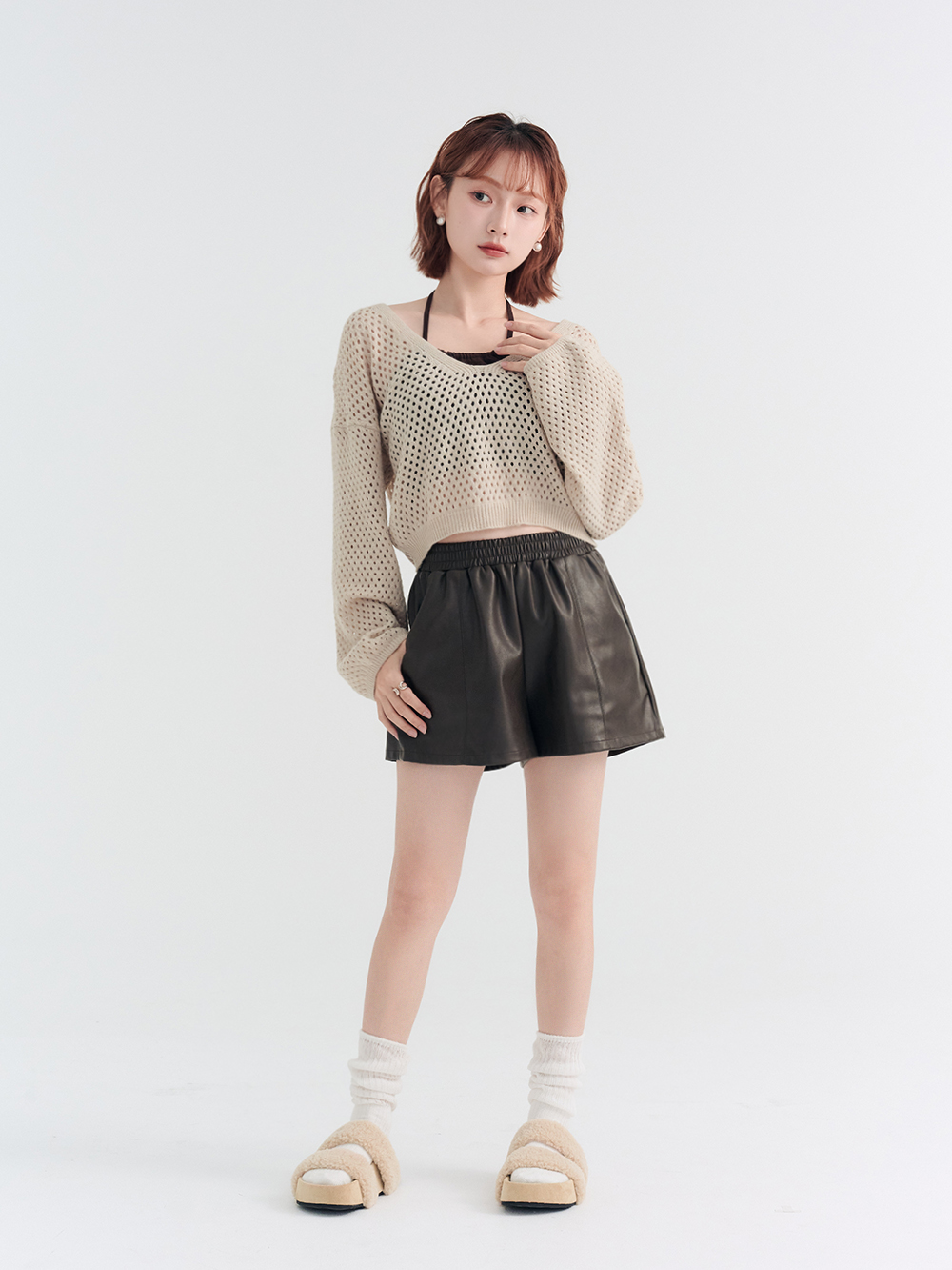 QQ小捲毛一字雙帶厚底拖鞋 杏色