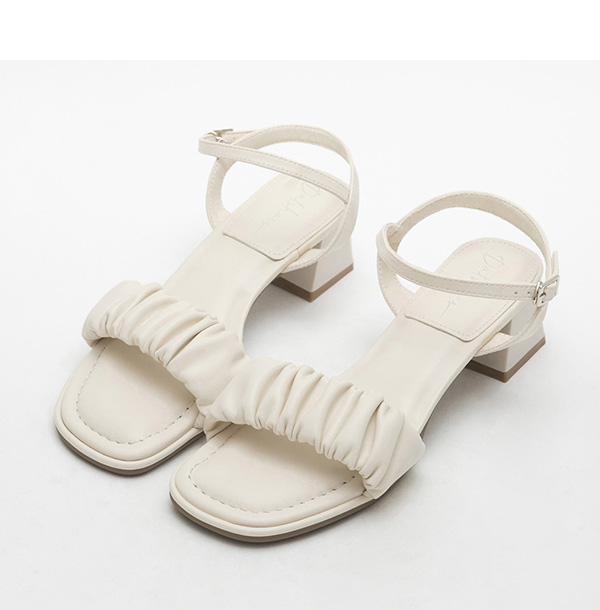 Ruched Puffy Cushioned Mid-Heel Sandals Beige