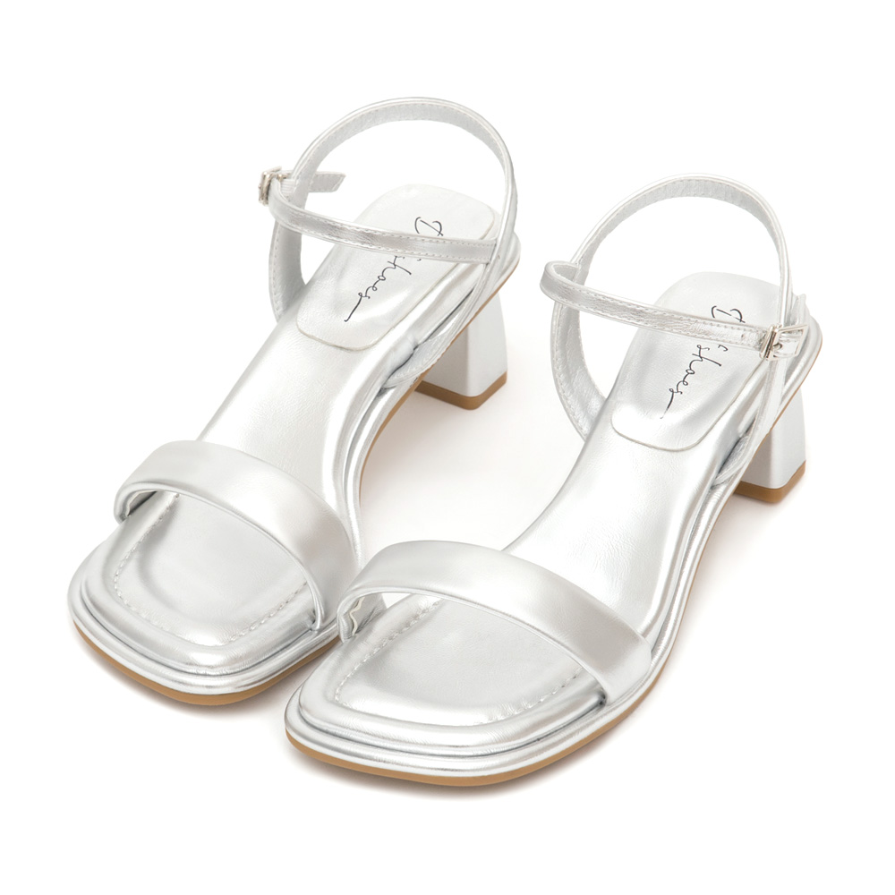 Square Toe Soft Mid-Heel Sandals Silver