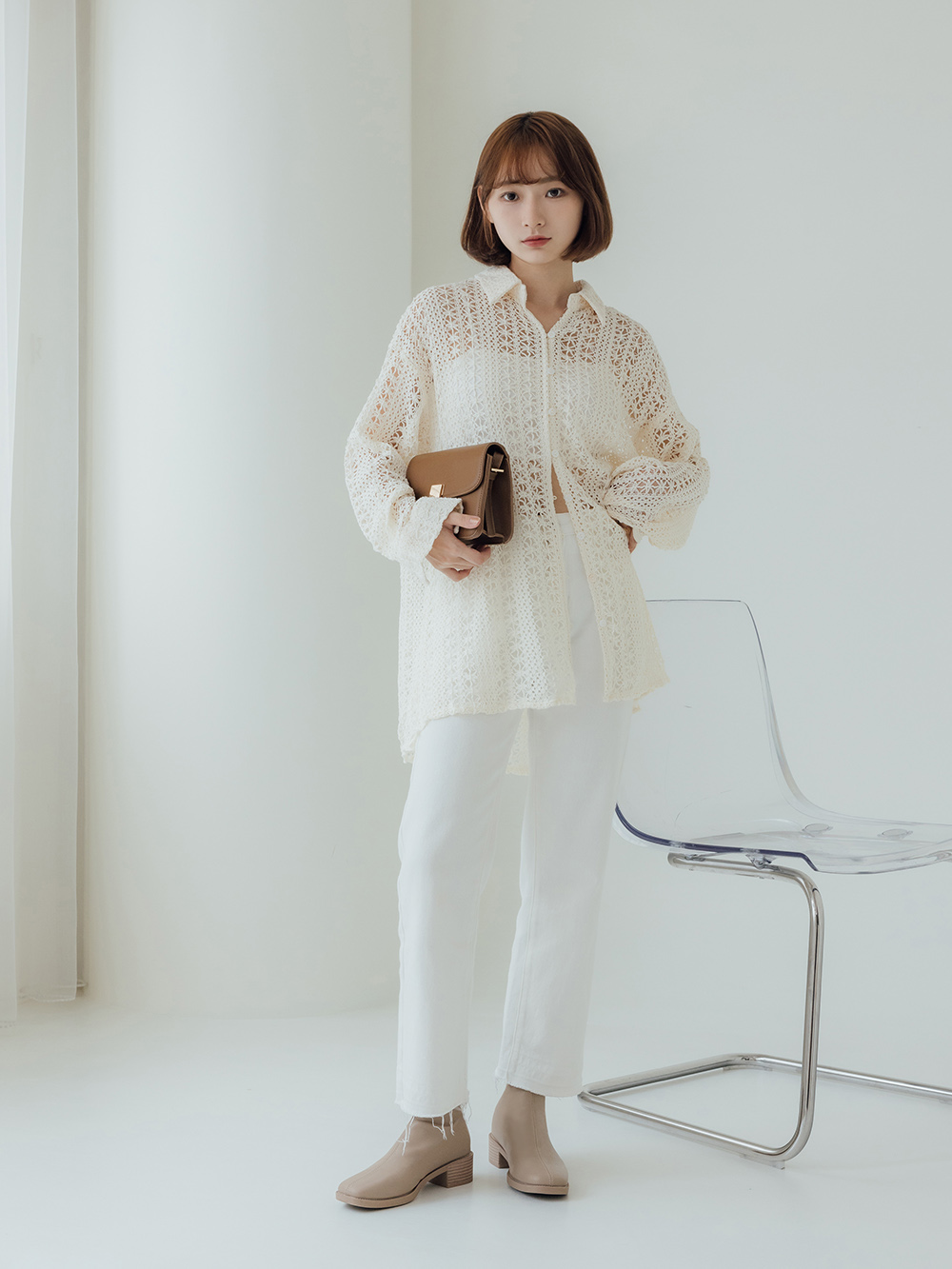 百搭時尚．中車線方頭木紋跟襪靴 奶茶杏