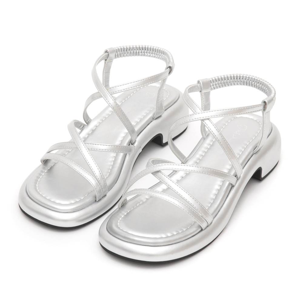 Cross-Strap Low-Heeled Sandals Silver