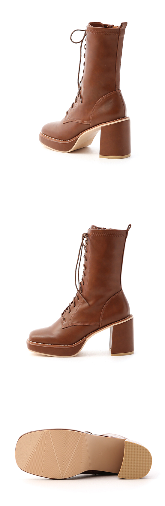 Platform Square Toe Lace-Up Boots Brown