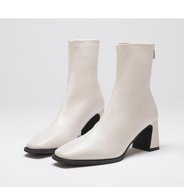 Plain Square Toe High Heels Slimming Boots Vanilla