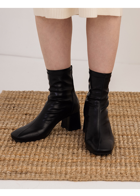 Faux Leather Square Toe Socks Boots Black