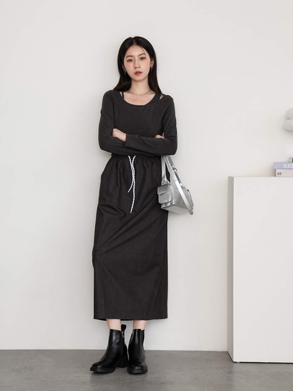 時髦指標方頭木紋跟切爾西短靴 黑