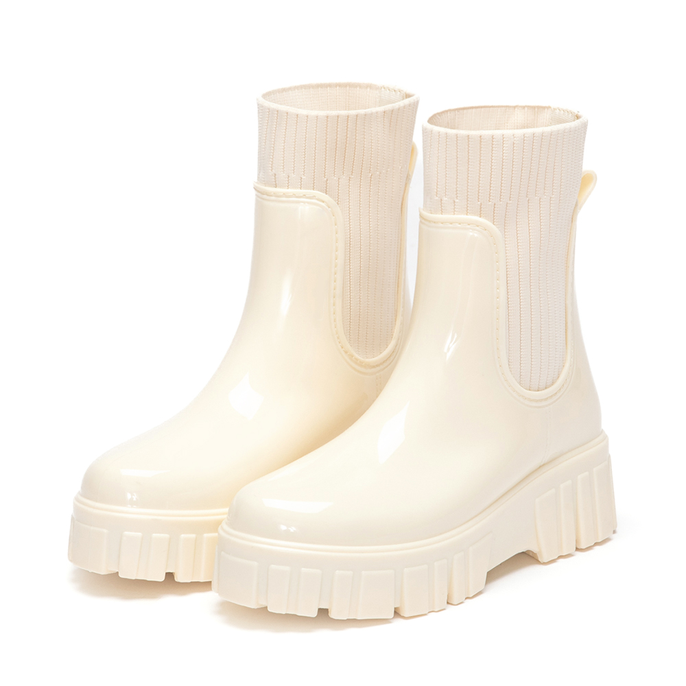 潮人時尚．鋸齒底針織拼接短筒雨靴 香草米