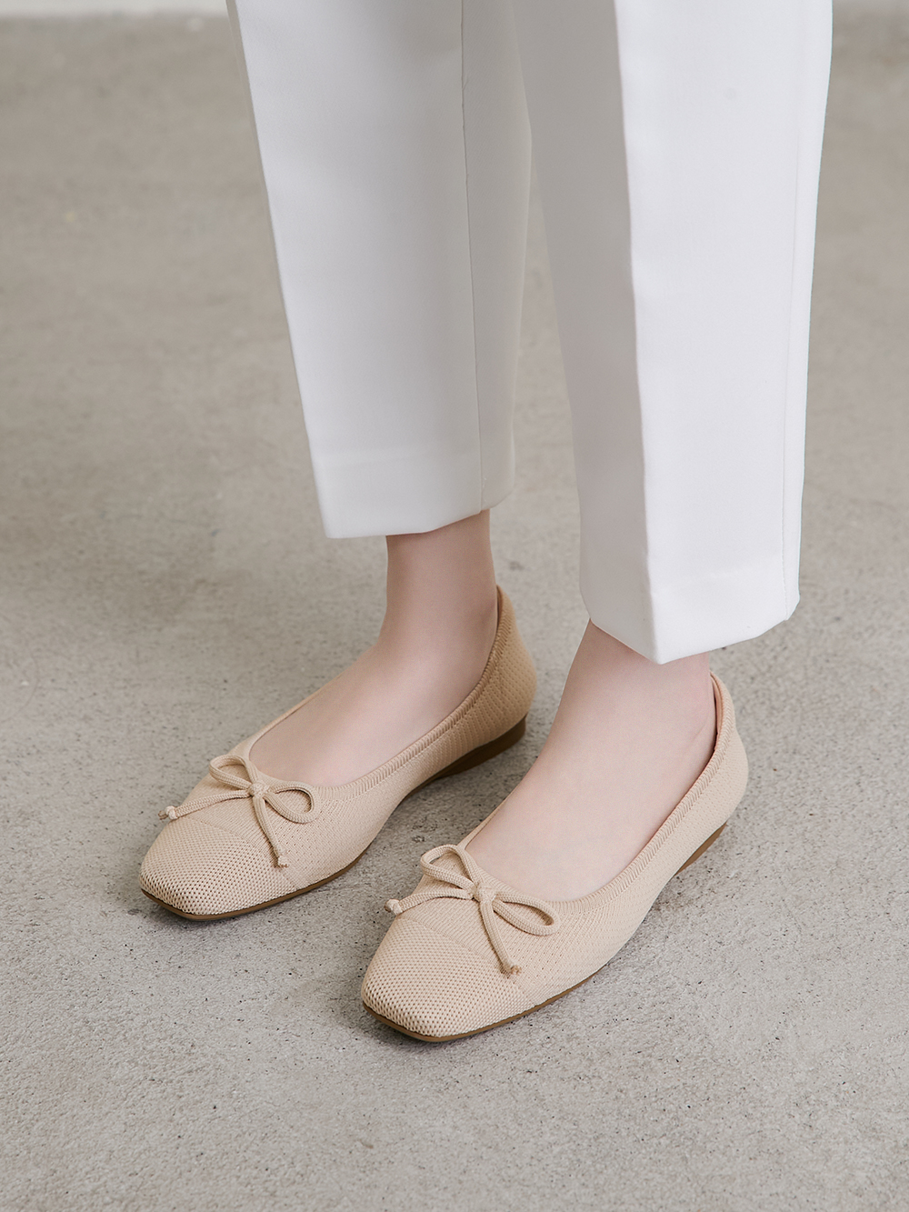 【3D零感雲織鞋】蝴蝶結方頭芭蕾鞋 密茶杏