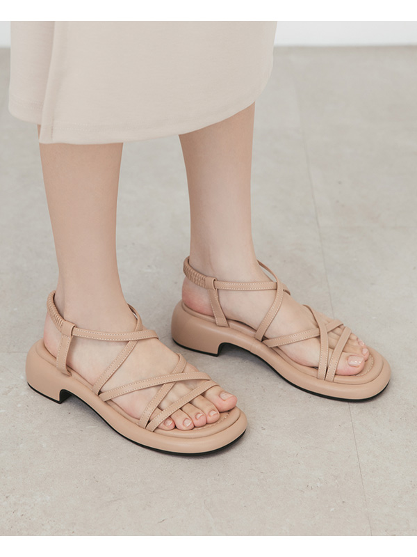 Cross-Strap Low-Heeled Sandals Beige