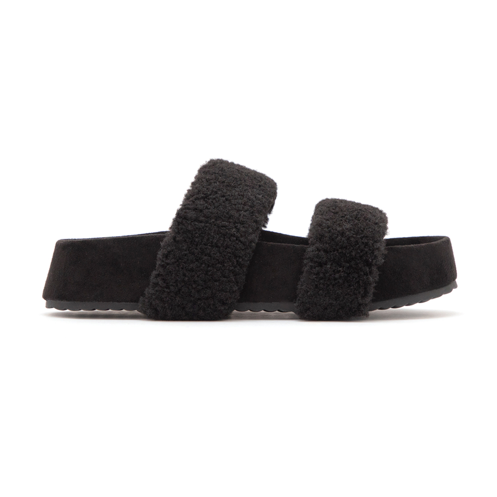 QQ小捲毛一字雙帶厚底拖鞋 黑色