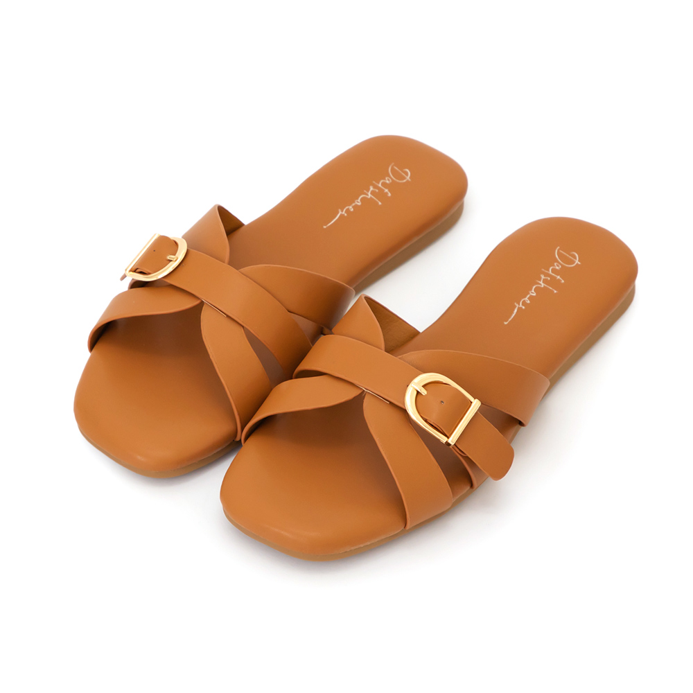 陽光海岸D型釦環平底拖鞋 棕