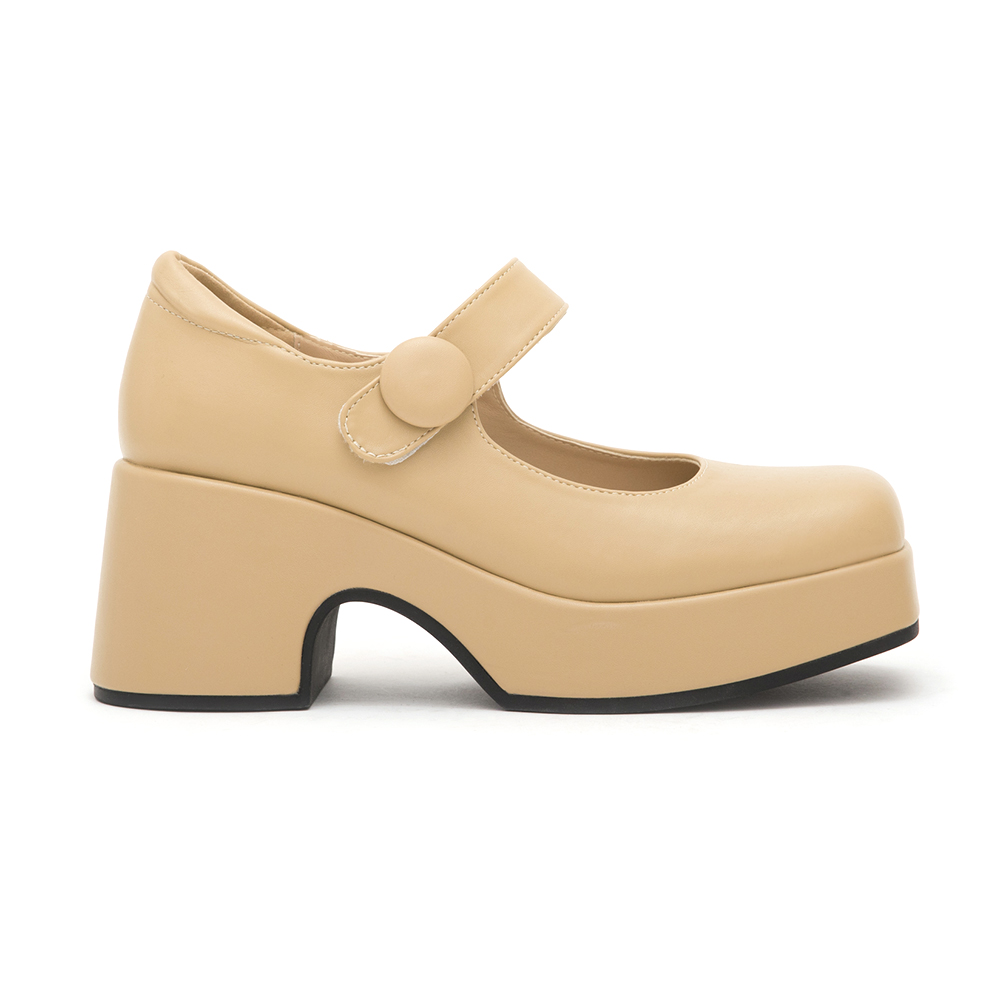 Square-Toe Thick-Soled Mary Jane Shoes Beige