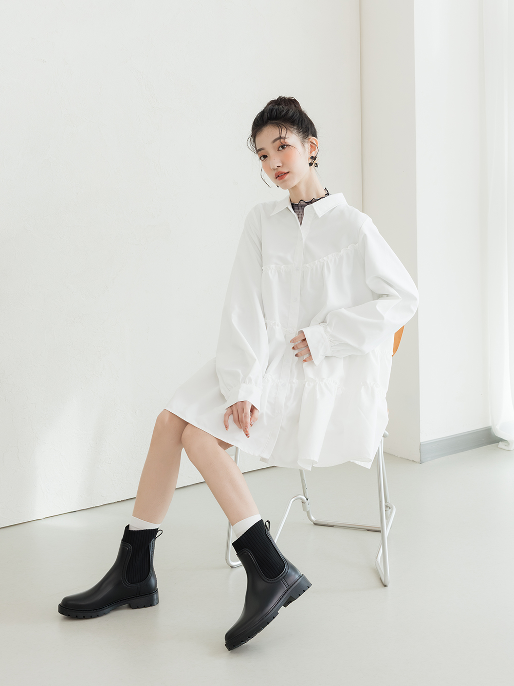 【機能鞋墊】針織拼接切爾西短筒雨靴 黑色