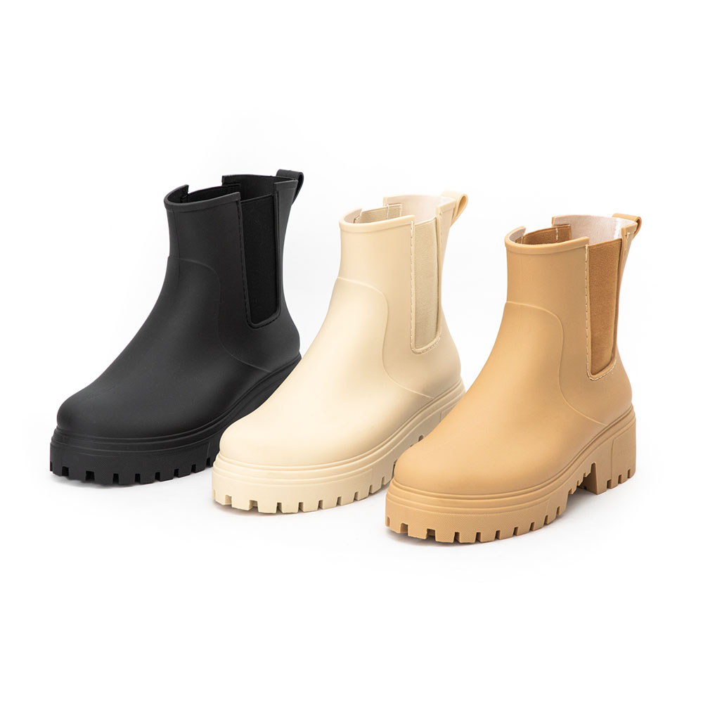 【機能鞋墊】鬆緊拼接內增高切爾西雨靴 黑色