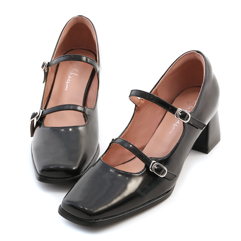 Square Toe Double Strap High Heel Mary Jane Shoes Black