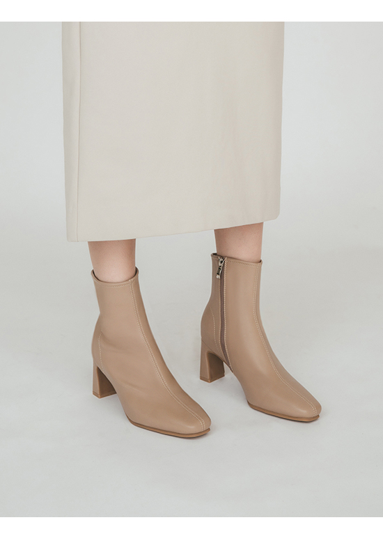 Plain Square Toe Flat-Heel Boots Beige