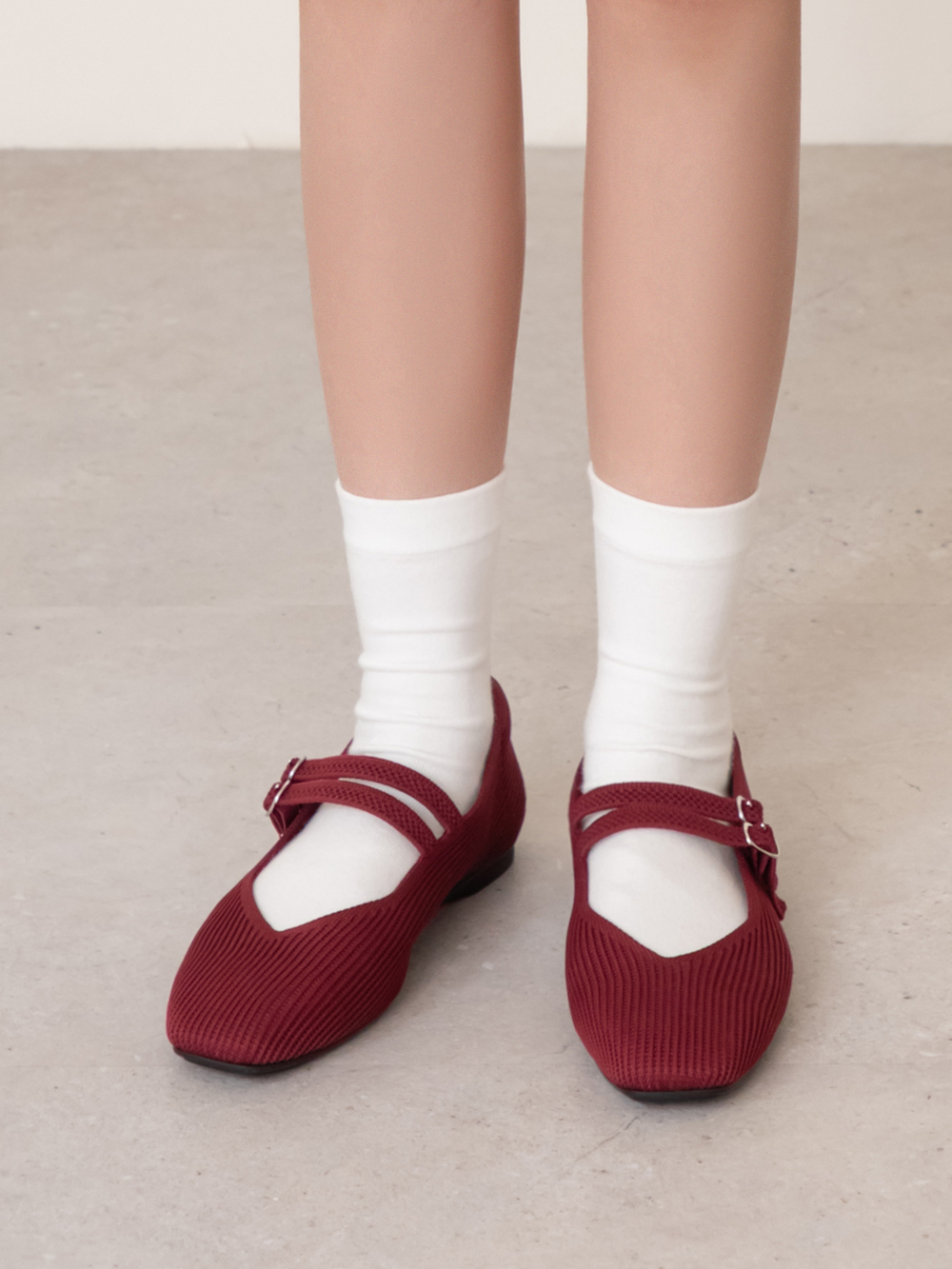 【3D零感雲織鞋】雙帶方頭瑪莉珍鞋 酒紅色