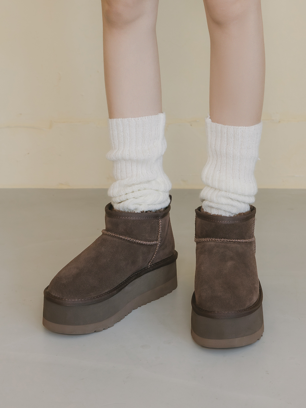 冬戀5cm增高底真皮短筒雪靴 復古咖