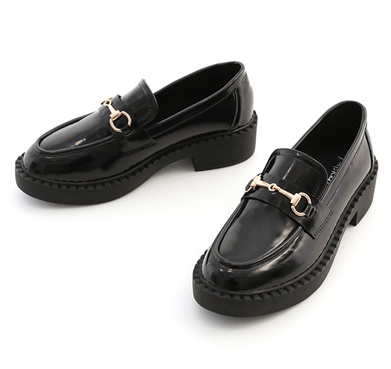Faux Patent Horsebit Loafers Black