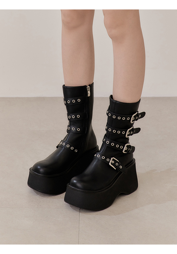 Multi-Buckle Platform Ankle Boots Black