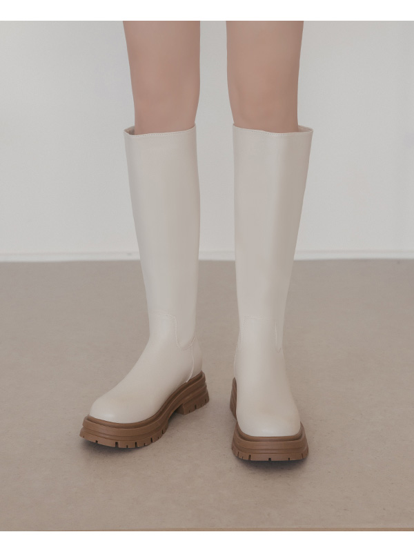Plain Back Zipper Below-The-Knee Boots Cream