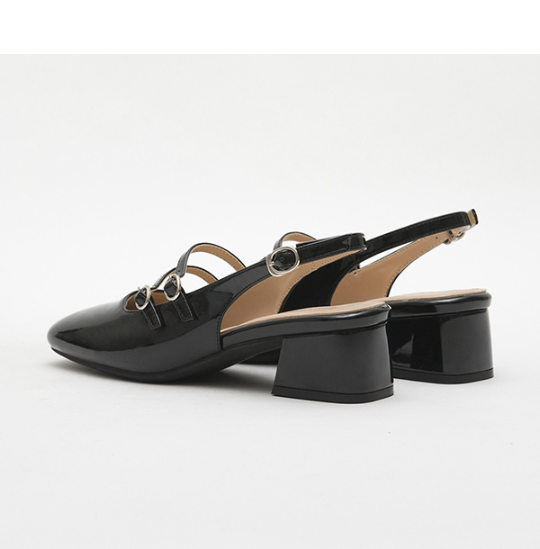 Patent Leather Double Strap Low-Heel Slingback Mary Jane Shoes Black