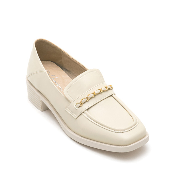 Metal Chain Square-Toe Loafers French Vanilla White