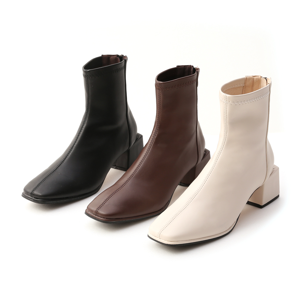 Square Toe Block Heel Sock Boots Black