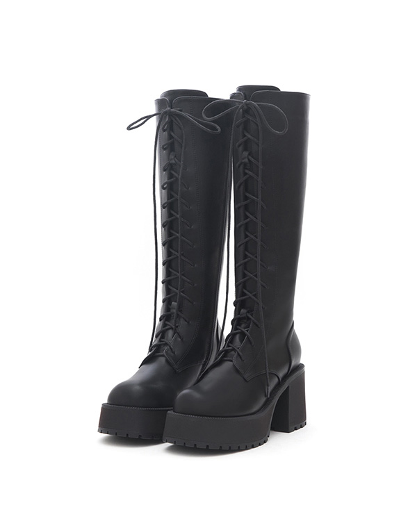 Thick-Sole High-Heel Lace-Up Boots Black