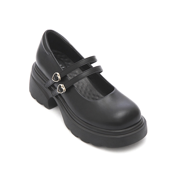 甜蜜愛心釦雙帶輕量瑪莉珍鞋 黑