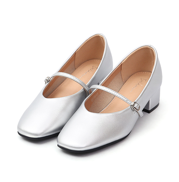 Elegant V-Cut Low Heel Mary Jane Shoes Silver