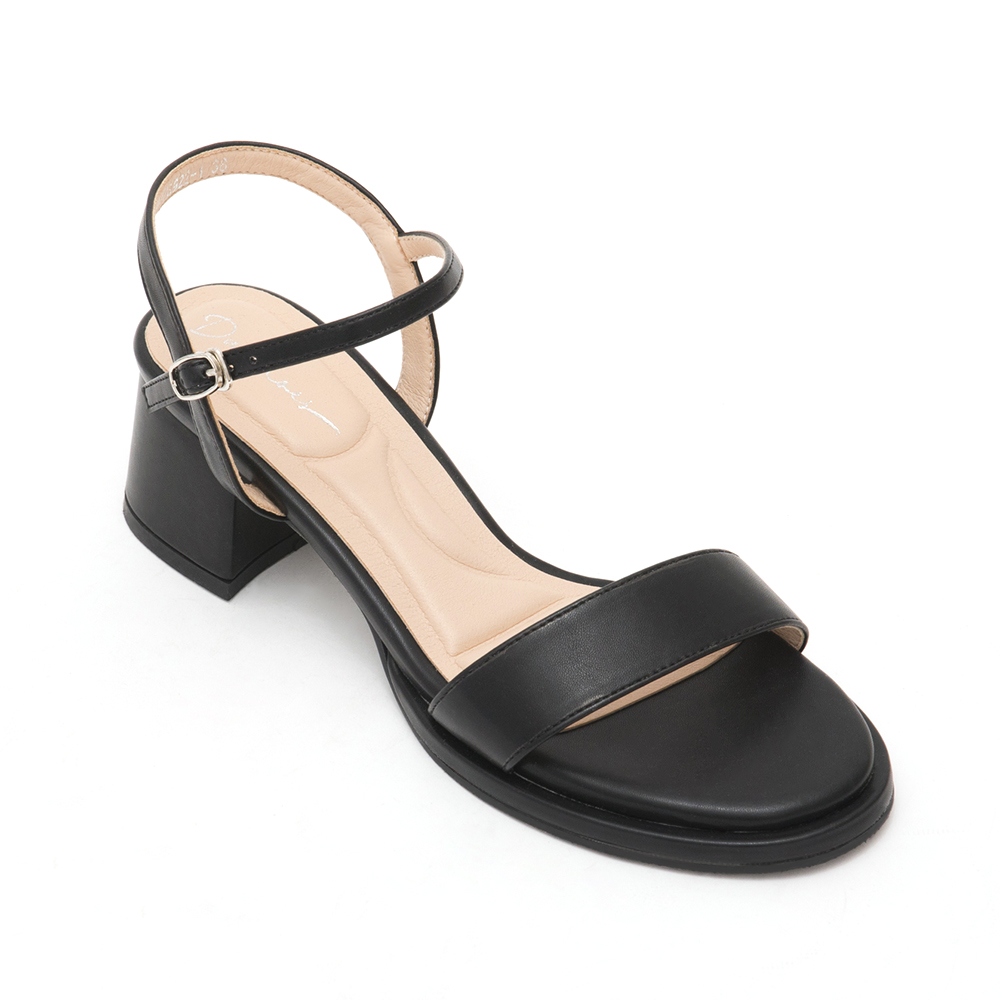 Single Strap Round Toe Mid-Heel Sandals Black